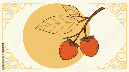 Two vibrant persimmons hang from a branch with leaves, set against a vintage background