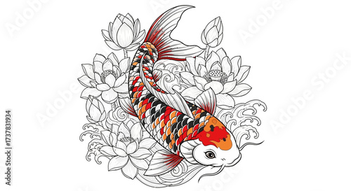 Graceful koi fish surrounded by serene lotus blossoms, illustrating harmony and tranquility in a