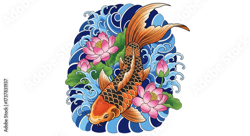 Vibrant koi fish swimming amid lotus blossoms and stylized water waves illustration
