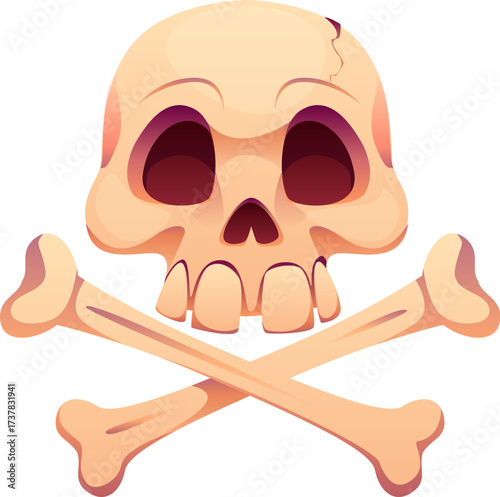 Cartoon Halloween scary cracked skull with crossbones, symbolizing danger or pirate asset. Isolated vector occult or magic object. Creepy gothic antique cranium, dead head. Dia de los Muertos decor