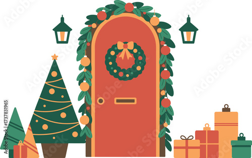 Festive door decorated with christmas wreath and gifts with christmas trees
