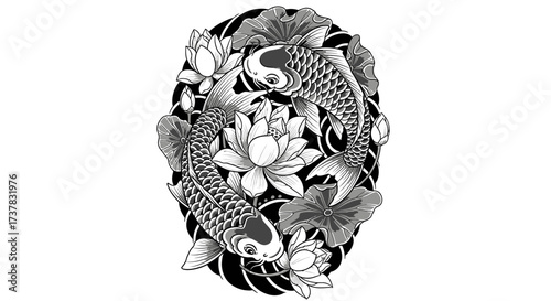 Elegant koi fish and lotus illustration, captivating monochrome harmony and fluid graceful design