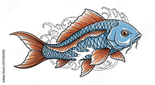 Artistic representation of a colorful koi fish with intricate detailing and stylized water waves