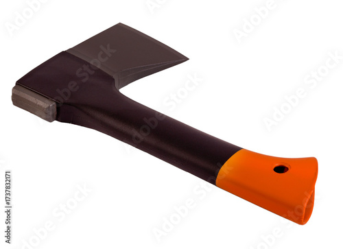 Chopping axe with orange handle on transparent background