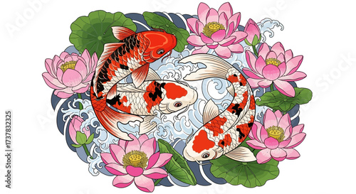 Graceful koi fish amidst vibrant lotus flowers, symbolizing harmony and serenity in oriental style