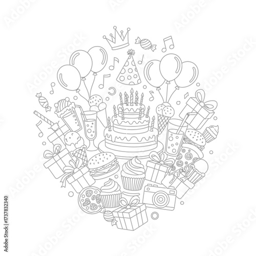 A black and white line art illustration of a birthday themed circle arrangement of objects