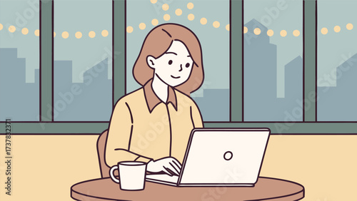 Smiling woman types on a laptop with a cup of coffee at the table