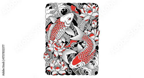 Graceful koi fish illustration with lotus flowers and water waves for eastern symbolism