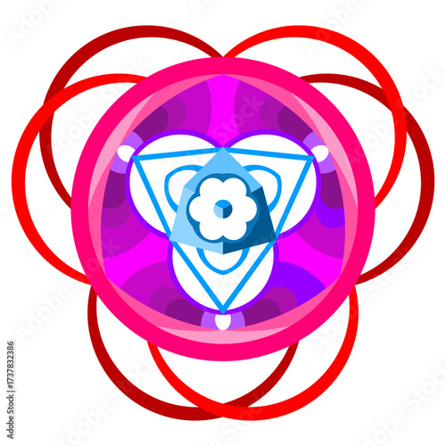 Colorful mandala with layered geometric shapes, floral center, and interlocking rings in pink, red, and blue tones, ideal for spiritual themes and decorative design.