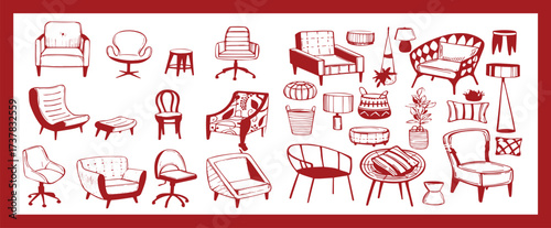 Doodle sketch of living room furniture, hand-drawn in different sizes and types, modern and vintage. Scandinavian furniture Interior elements Boho style. Vector illustration