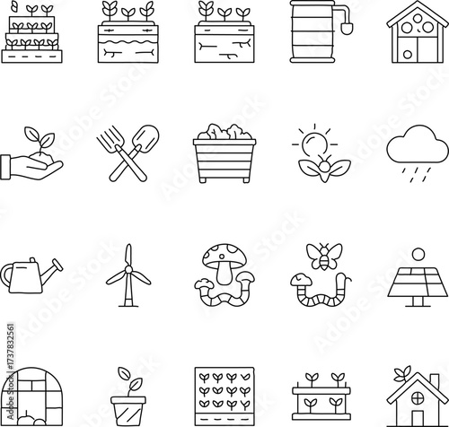 A comprehensive collection of vector-style garden icons, perfect for illustrating various gardening concepts and environmental sustainability topics. The icons depict plants, tools.