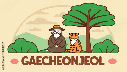 Cartoon Korean man and tiger are sitting beneath tree celebrating Gaecheonjeol day
