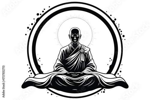 Vector art of a serene black and white vector illustration depicts a meditating monk, , radiating peace and enlightenment in a circular frame