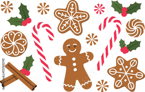 Festive christmas treats including gingerbread and candy canes on white