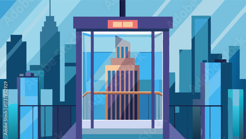 A glass elevator with a view of the city outside