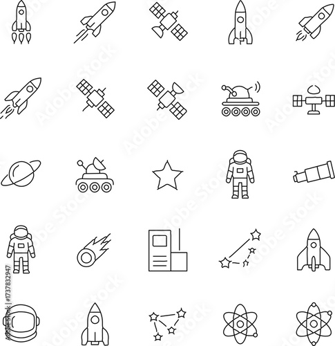 A collection of stylized line art illustrations capturing the essence of space exploration, with rockets, satellites, planets, stars, and astronauts. Perfect for education, technology.