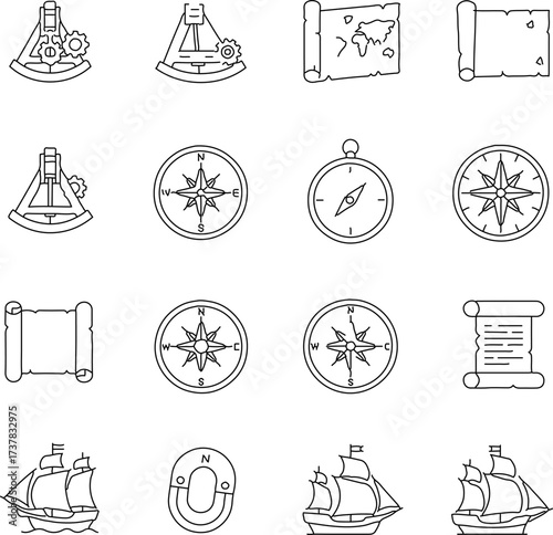 Detailed navigation and exploration icons and illustrations of adventure travel and discovery, conveying the spirit of exploration and the allure of the open sea.