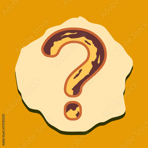 Brown orange question mark with shadow on beige textured shape over mustard background, ideal for inquiry themes, creative prompts, and editorial design concepts.