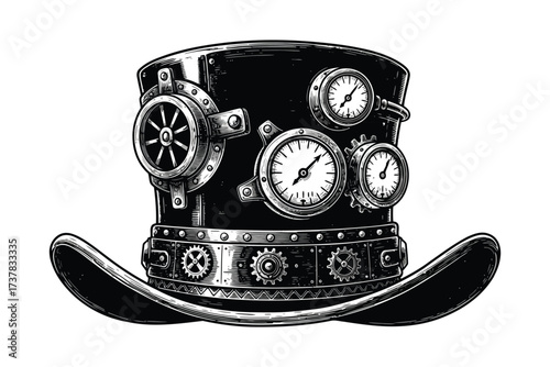 Vector art of a steampunk top hat with gears and gauges the hat is black with silver and gold accents, and the gears and gauges are intricate and detailed