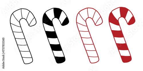 Candy cane vector pack four variations icon set. Sign symbol for Christmas sweets, candy store shop logo print. Simple easy coloring activity for children, nursery, kindergarten, kids