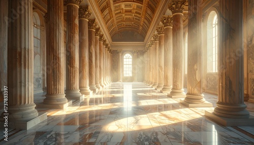 Classical architecture hall with sun rays through windows