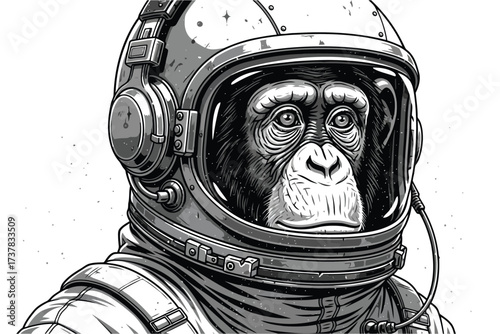 Vector art of detailed black and white illustration of a chimpanzee astronaut wearing a space suit and helmet, a whimsical depiction of space exploration