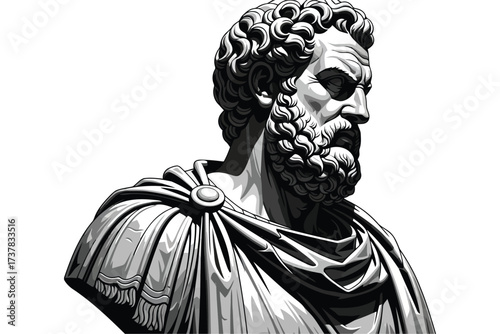 Vector art of detailed black and white illustration of a bust of marcus aurelius, the roman emperor and philosopher, a classic depiction of ancient history