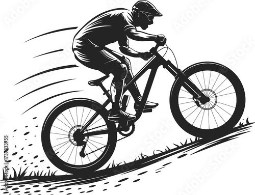 Dynamic illustration of a man riding a bicycle on a grassy slope with motion lines conveying speed and action, capturing the essence of downhill cycling adventure