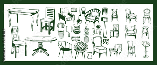 Doodle sketch of living room furniture, hand-drawn in different sizes and types, modern and vintage. Scandinavian furniture Interior elements Boho style. Vector illustration