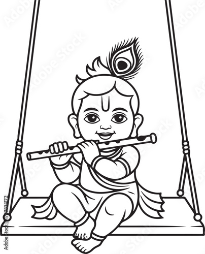 Baby Krishna on Swing Outline Vector — Hindu God Infant with Peacock Feathers Minimal Janmashtami Line Art