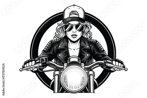 Vector art of bold monochrome illustration of a confident woman riding a motorcycle, wearing sunglasses and a cap, set against a circular backdrop