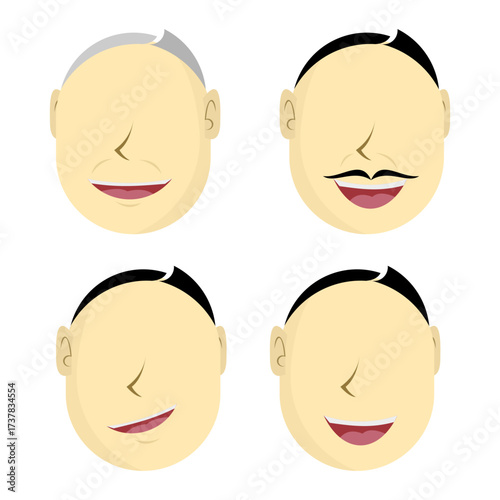 Minimal cartoon grid of expressive male faces with varied hairstyles and smiles, ideal for avatar sets, emotion design, character branding, and playful content themes.