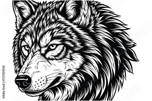 Vector art of a captivating monochrome illustration of a wolfs head, showcasing intricate details and textures, , perfect for wildlife enthusiasts and tattoo designs