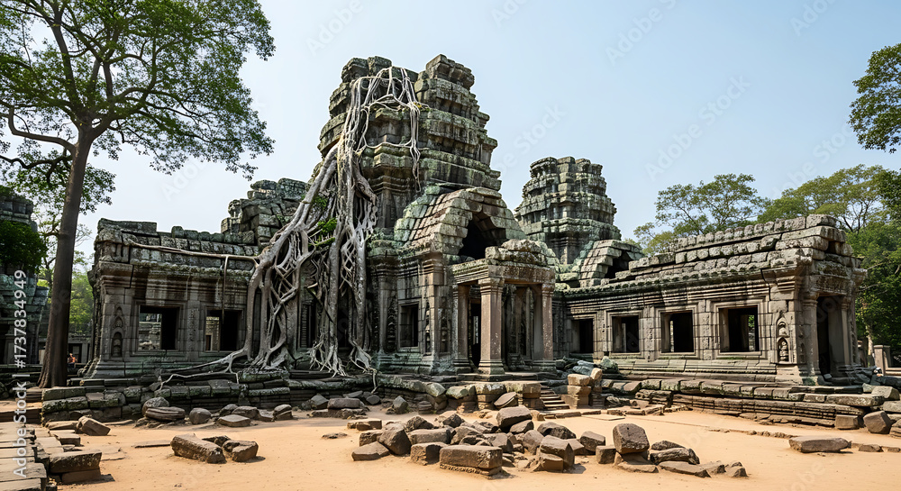 Naklejka premium Ta prohm temple in angkor, siem reap, cambodia is covered by trees