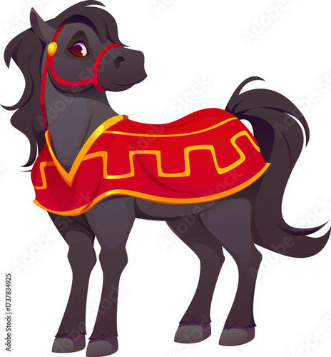 Cartoon horse character, Chinese lunar new year animal dressed in red and gold festive attire. Isolated vector cheerful equine personage ready for CNY celebrations, symbolizing strength and tradition
