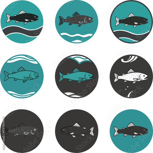 A collection of nine circular graphic icons featuring stylized salmon and trout fish illustrations.