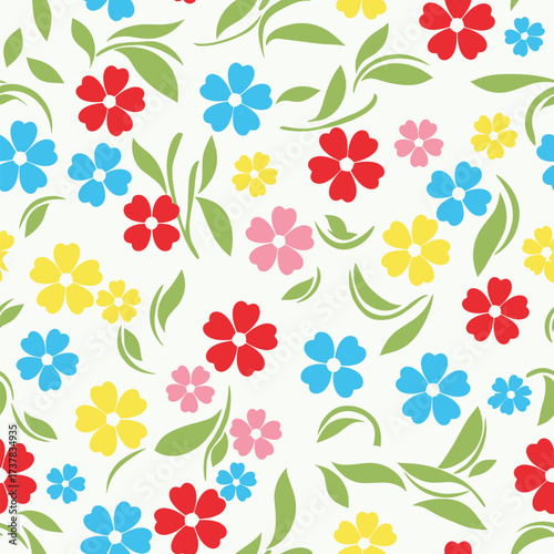 A charming pattern of small colorful flowers scattered across a light background with green leaves.