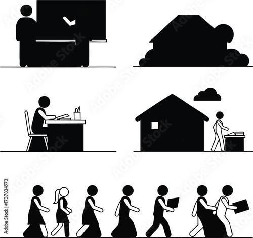 A collection of black silhouette pictograms and icons representing school life education students and learning activities.