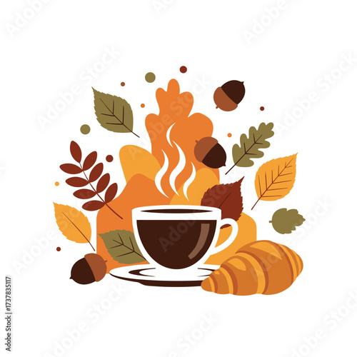 Warm coffee and a croissant with autumn leaves and acorns scattered around.