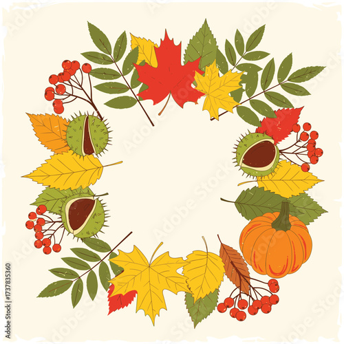 A rustic autumn wreath celebrating the harvest season with colorful foliage and seasonal elements.