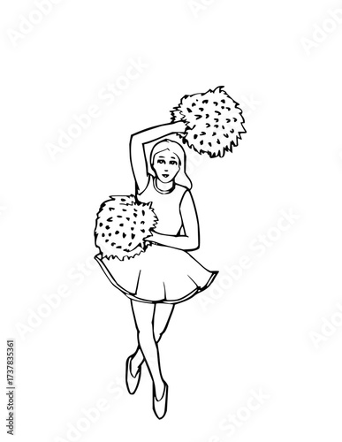 Dynamic cheerleader silhouette with pom-poms in action pose, perfect for team spirit and energetic designs, originally a scalable vector graphic