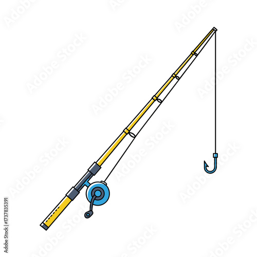 A simple fishing rod with a reel and hook ready for action.