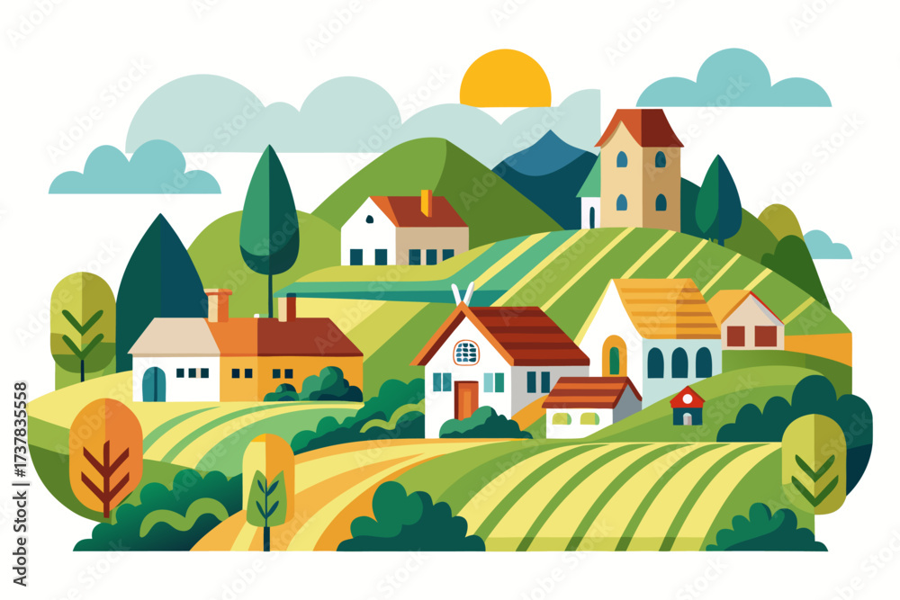 Naklejka premium Retro-style vector illustration of a rural farm landscape featuring a barn, farmhouse, grazing cow, striped farmland, and rising sun. Designed in warm earthy tones, this rustic countryside artwork is