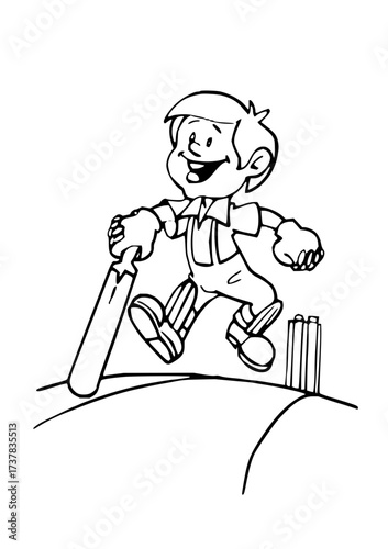 Energetic young cricketer joyfully running with bat toward wickets, ready to play a thrilling match perfect for sports promotions and childhood themes