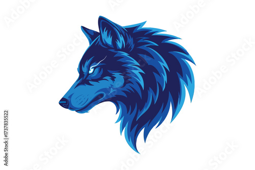 Vector art of striking blue wolf head illustration with glowing eyes and sharp features, perfect for modern logos, digital art, or any design needing a bold touch