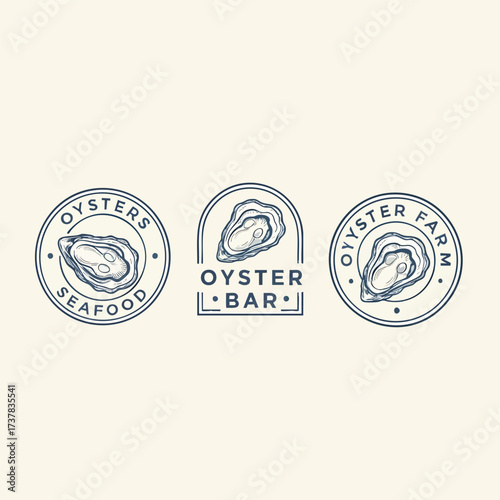 A collection of three minimalist line art logos featuring oysters for a seafood restaurant bar and farm.
