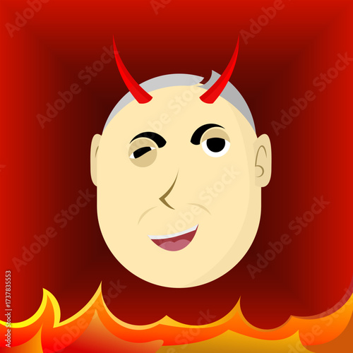 Playful cartoon face with devil horns, winking eye, and fiery background, perfect for Halloween themes, mischievous character design, and expressive visual content.