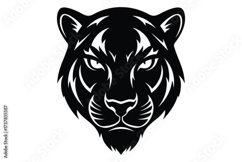 Vector art of a striking black and white vector illustration of a tigers head, showcasing its fierce gaze and intricate fur patterns, perfect for logos and designs