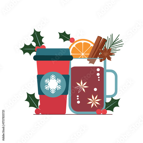 Christmas Hot Drinks Illustration with Coffee Cup and Mulled Wine