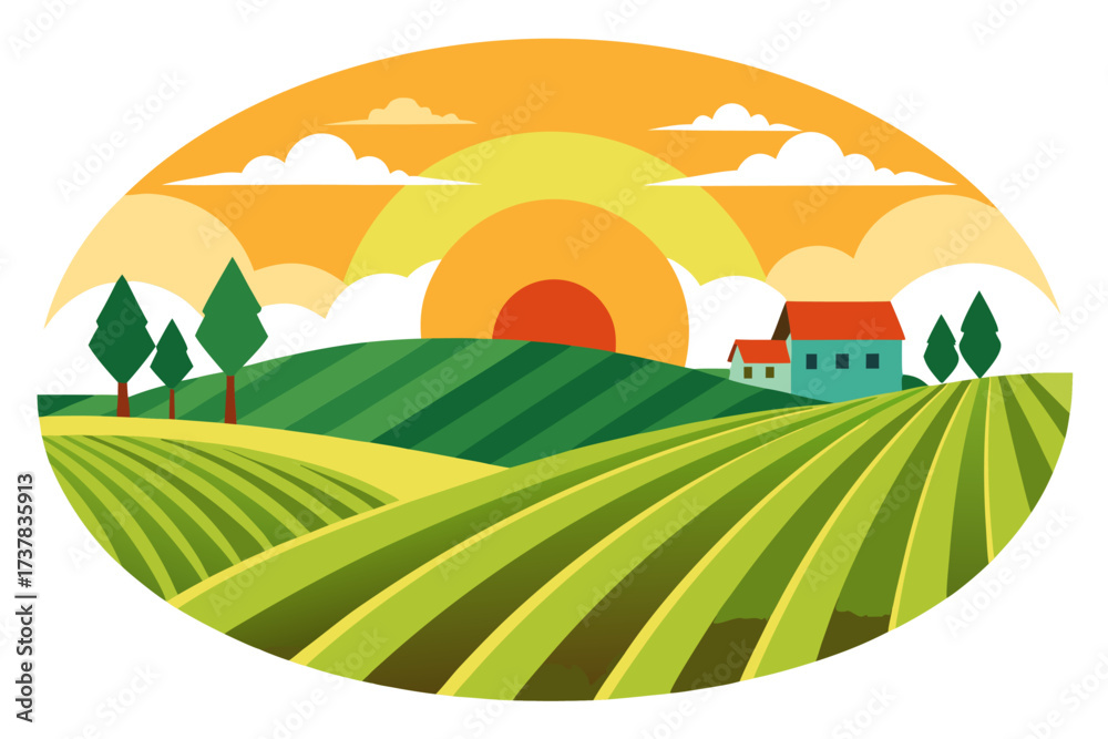 Obraz premium Retro-style vector illustration of a rural farm landscape featuring a barn, farmhouse, grazing cow, striped farmland, and rising sun. Designed in warm earthy tones, this rustic countryside artwork is 